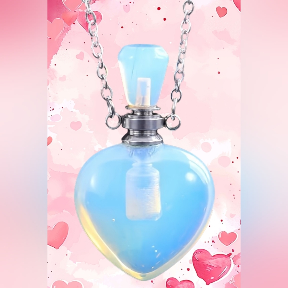 Gorgeous Opalite Stone Heart Perfume Bottle Necklace - Iridescent